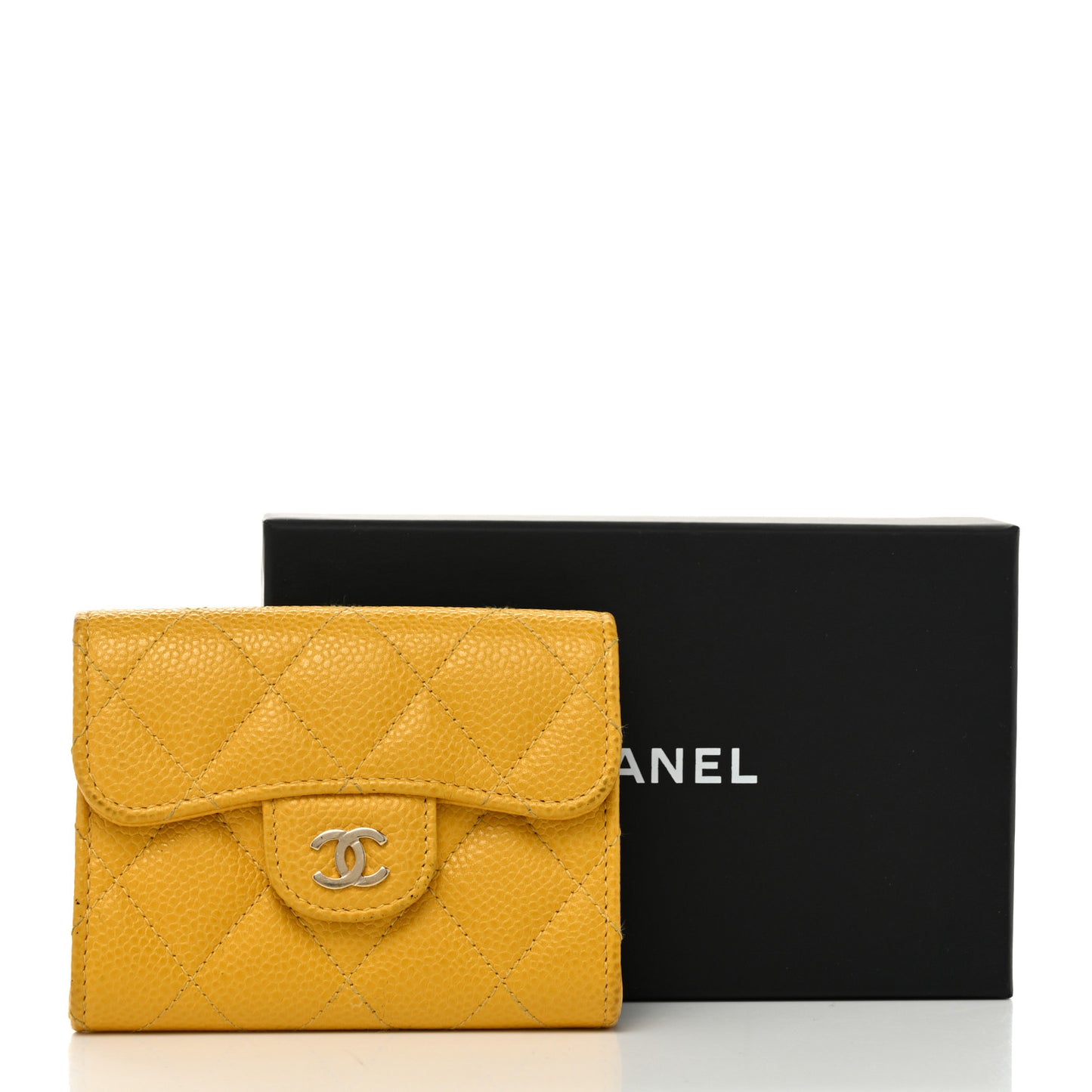 Caviar Quilted Flap Card Holder Wallet Yellow