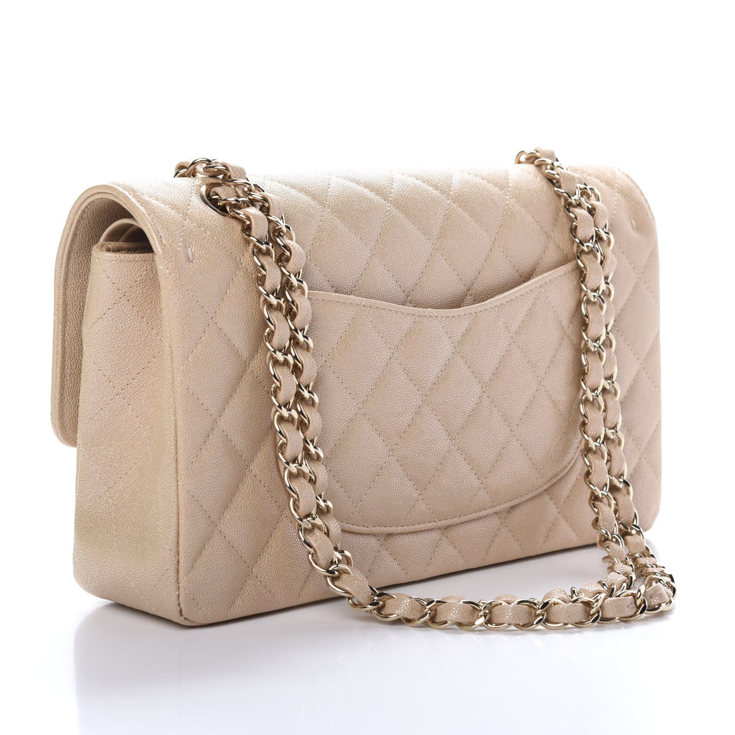 Iridescent Caviar Quilted Medium Double Flap Beige