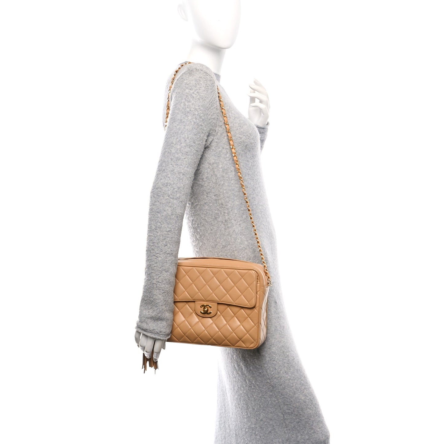 Lambskin Quilted Flap Camera Case Beige Clair