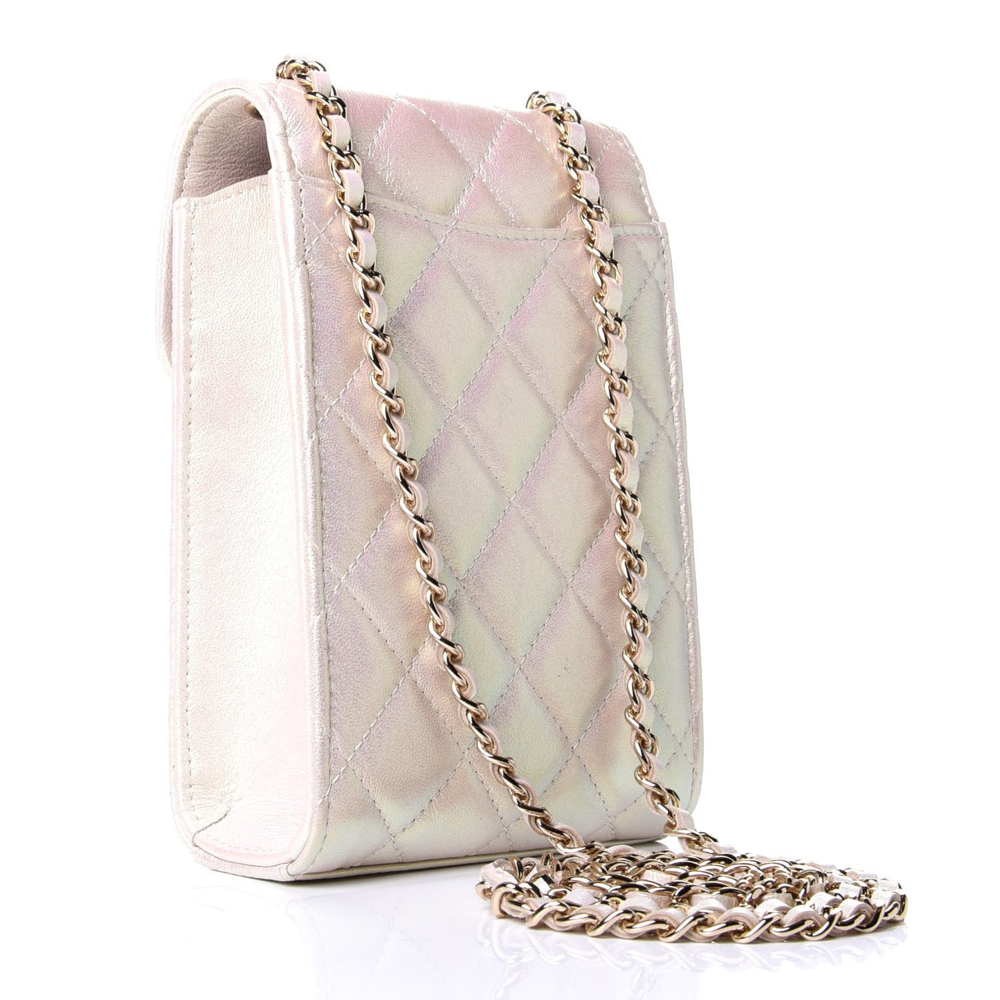 Iridescent Lambskin Quilted CC Phone Holder Ivory
