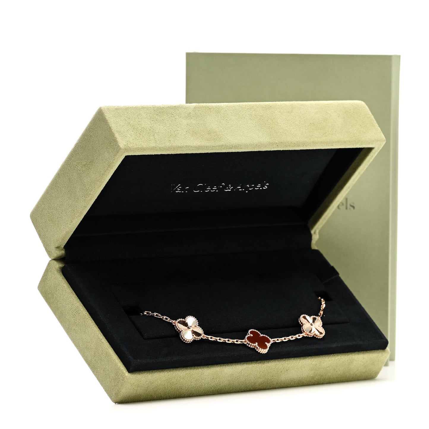 18K Rose Gold Carnelian 5 Motifs Guilloche Vintage Alhambra Bracelet