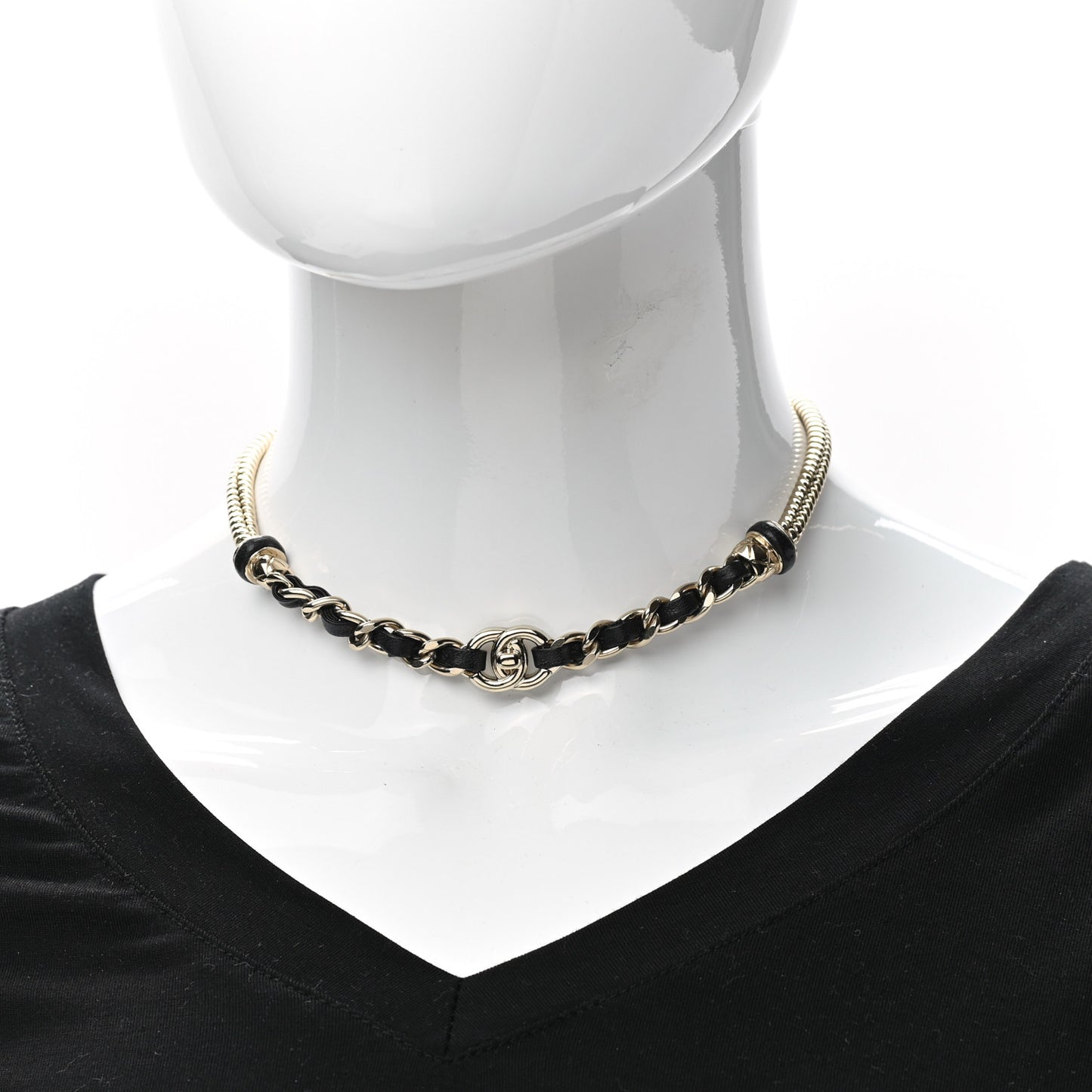 Metal Lambskin CC Turnlock Choker Necklace Black Gold