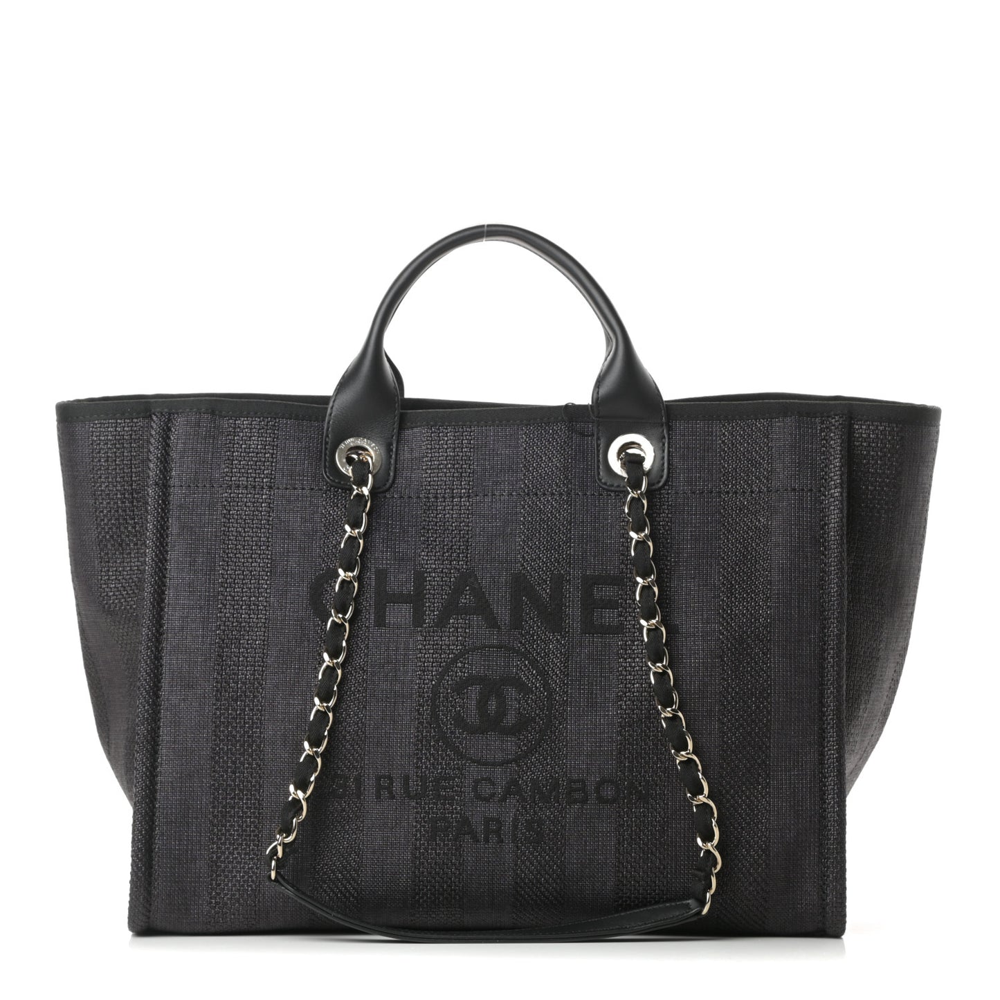 Mixed Fibers Calfskin Striped Medium Deauville Tote Black