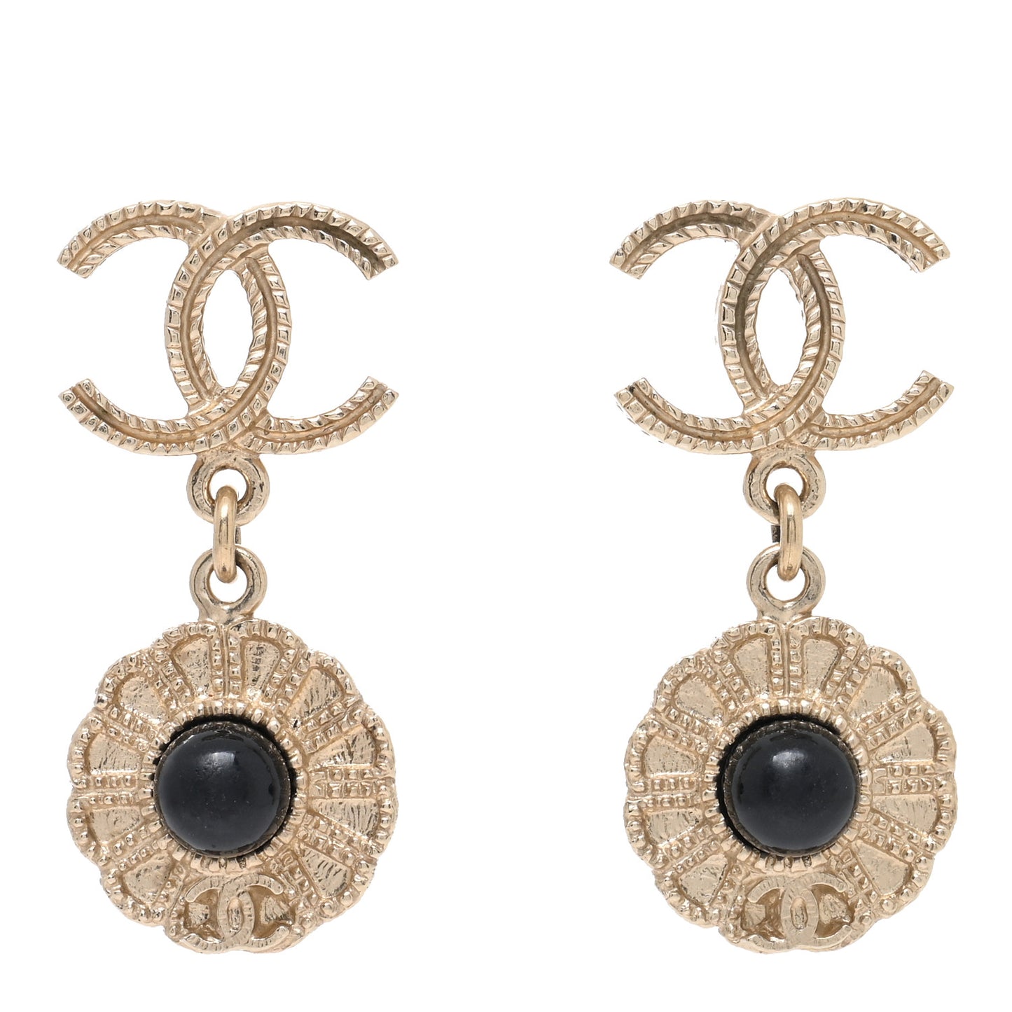 Flower CC Drop Earrings Gold Black