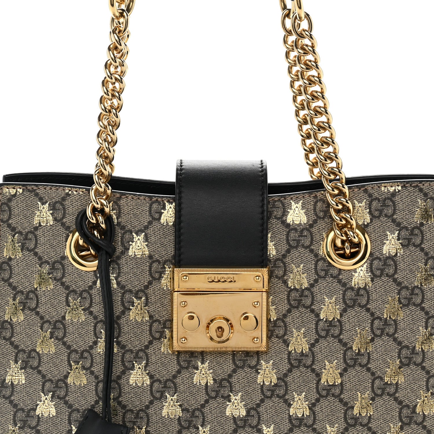 Gucci GG Supreme Monogram Bees Small Padlock Tote Beige Oro Black