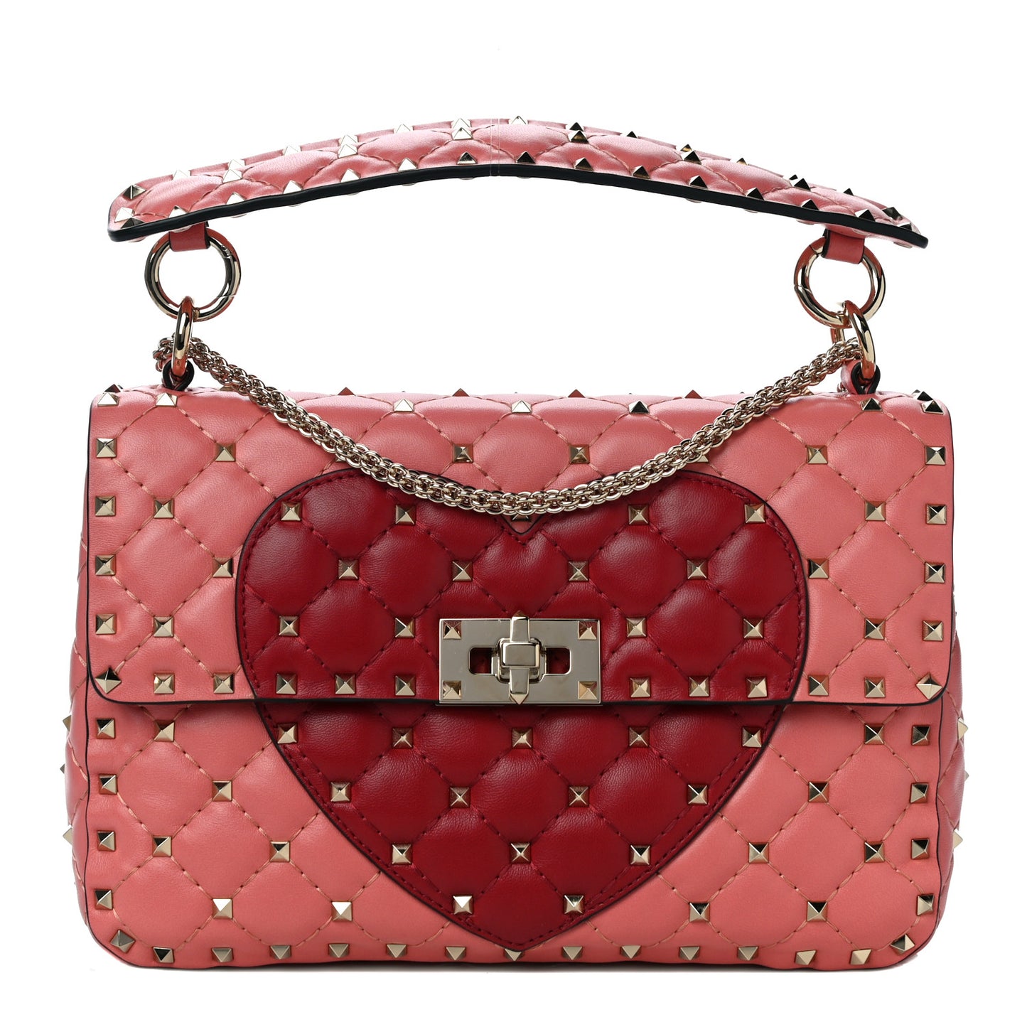 Nappa Quilted Heart Medium Rockstud Spike Shoulder Bag Paradise Rose Red