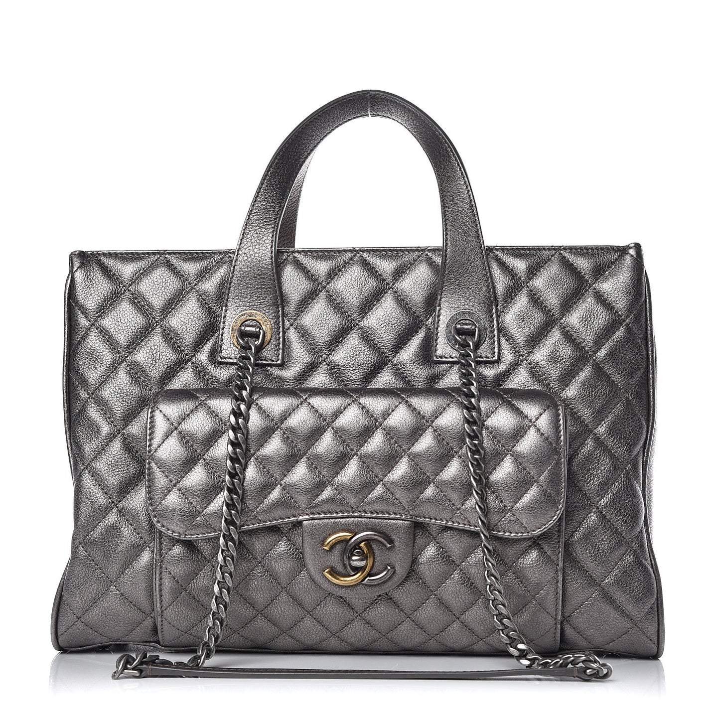 Metallic Grained Calfskin Quilted Large Casual Pocket Tote Silver