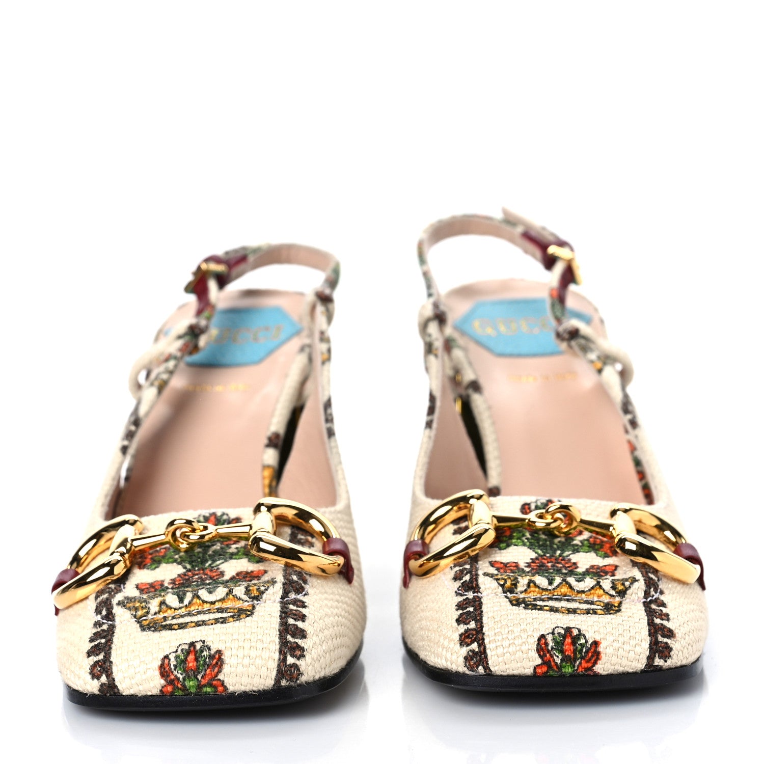 Gucci Canvas 100 Centennial Horsebit 75mm Slingback Pumps 35.5 Beige Multicolor 2 of 8