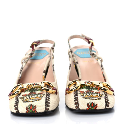 Gucci Canvas 100 Centennial Horsebit 75mm Slingback Pumps 35.5 Beige Multicolor 2 of 8