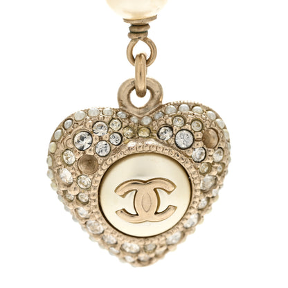 Chanel Pearl Crystal CC Heart Drop Earrings Gold White 5 of 5