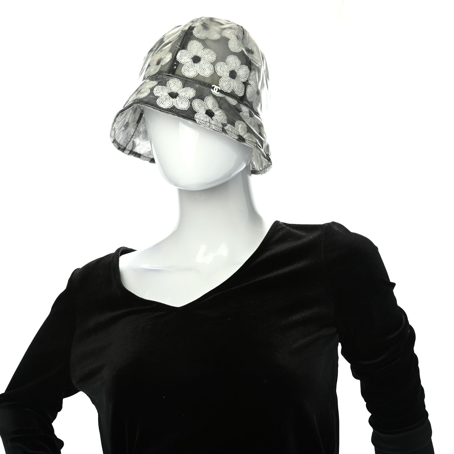 Chanel PVC Polyester Cloche Hat L Transparent Black White 1 of 4