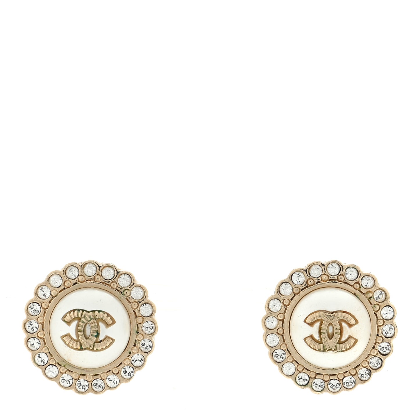 Metal Pearl Crystal CC Round Earrings Light Gold