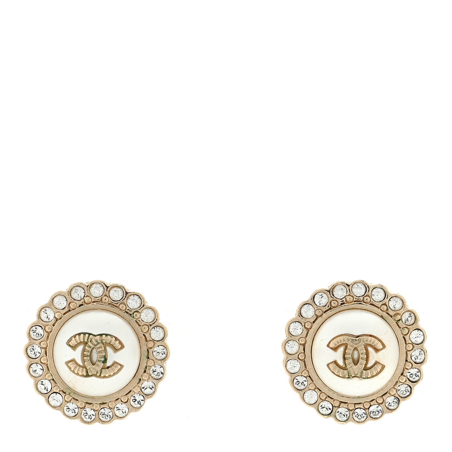 Chanel Metal Pearl Crystal CC Round Earrings Light Gold 1 of 4