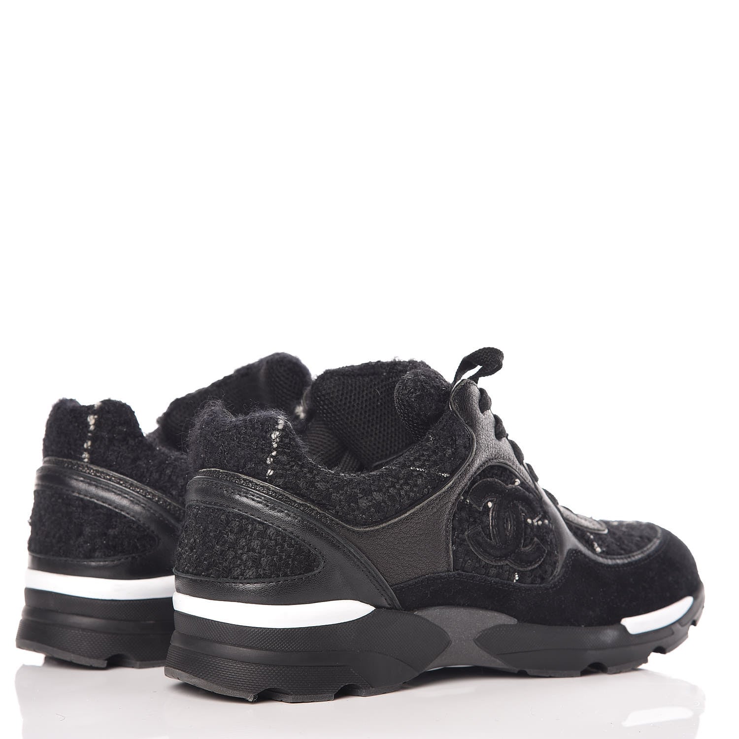 Chanel Tweed Suede Goatskin CC Sneakers 38 Black White 4 of 16