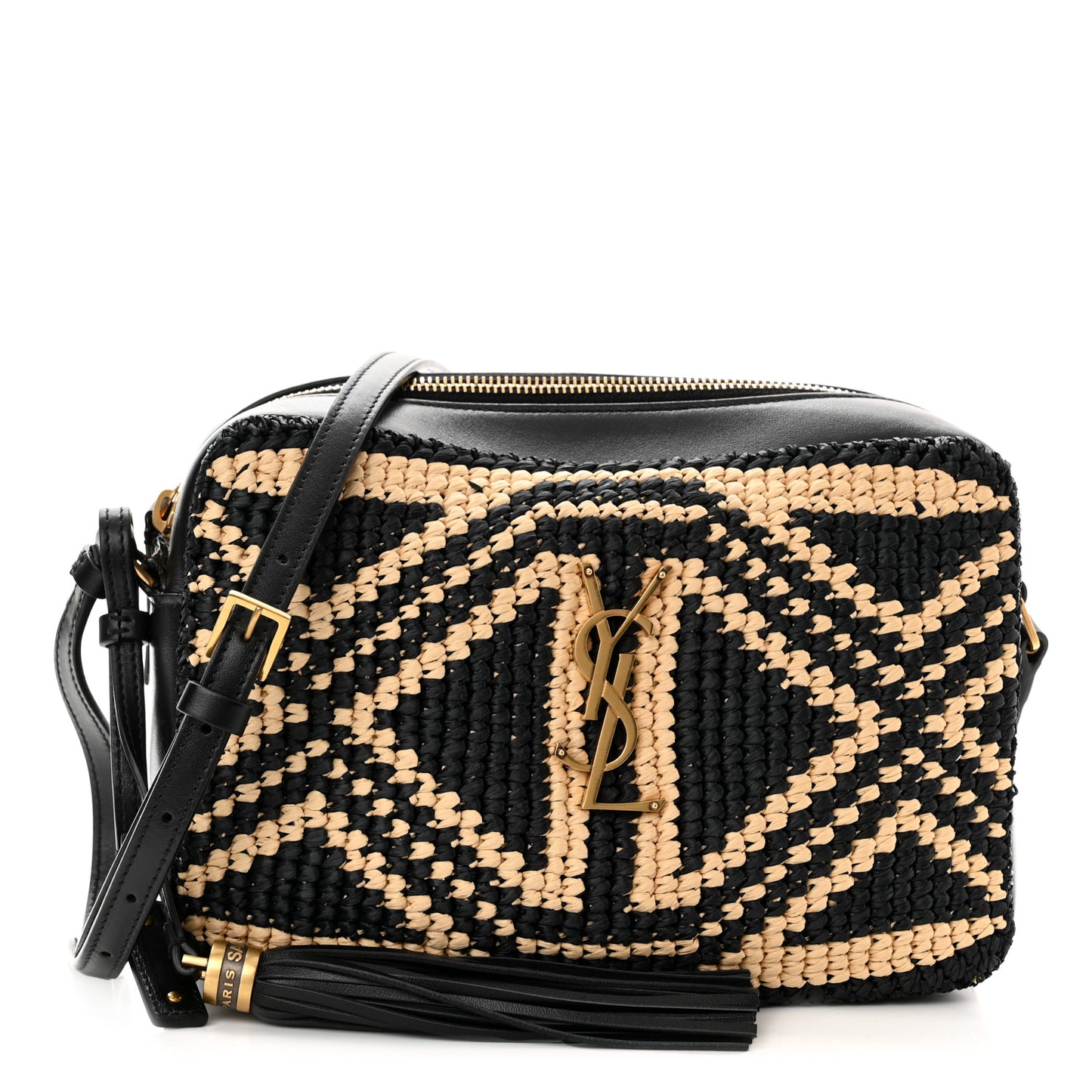Raffia Calfskin Monogram Lou Camera Bag Natural Beige Black