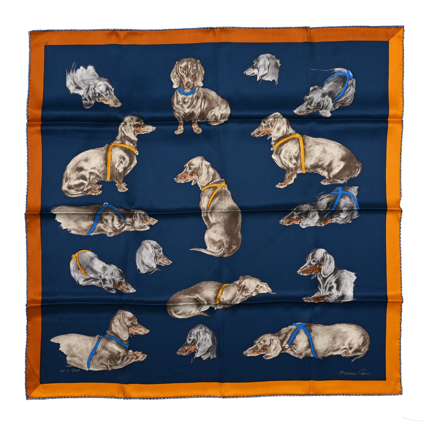 Silk Les Bassets Scarf 70 Marine Sepia
