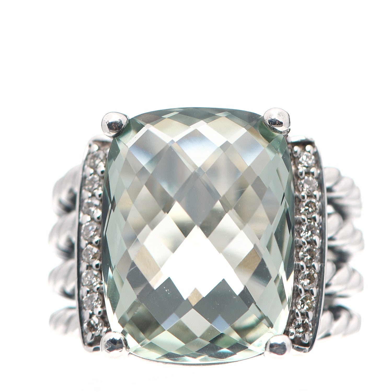 David Yurman Sterling Silver Diamond Prasiolite 16mm Wheaton Ring 52 6 1 of 5