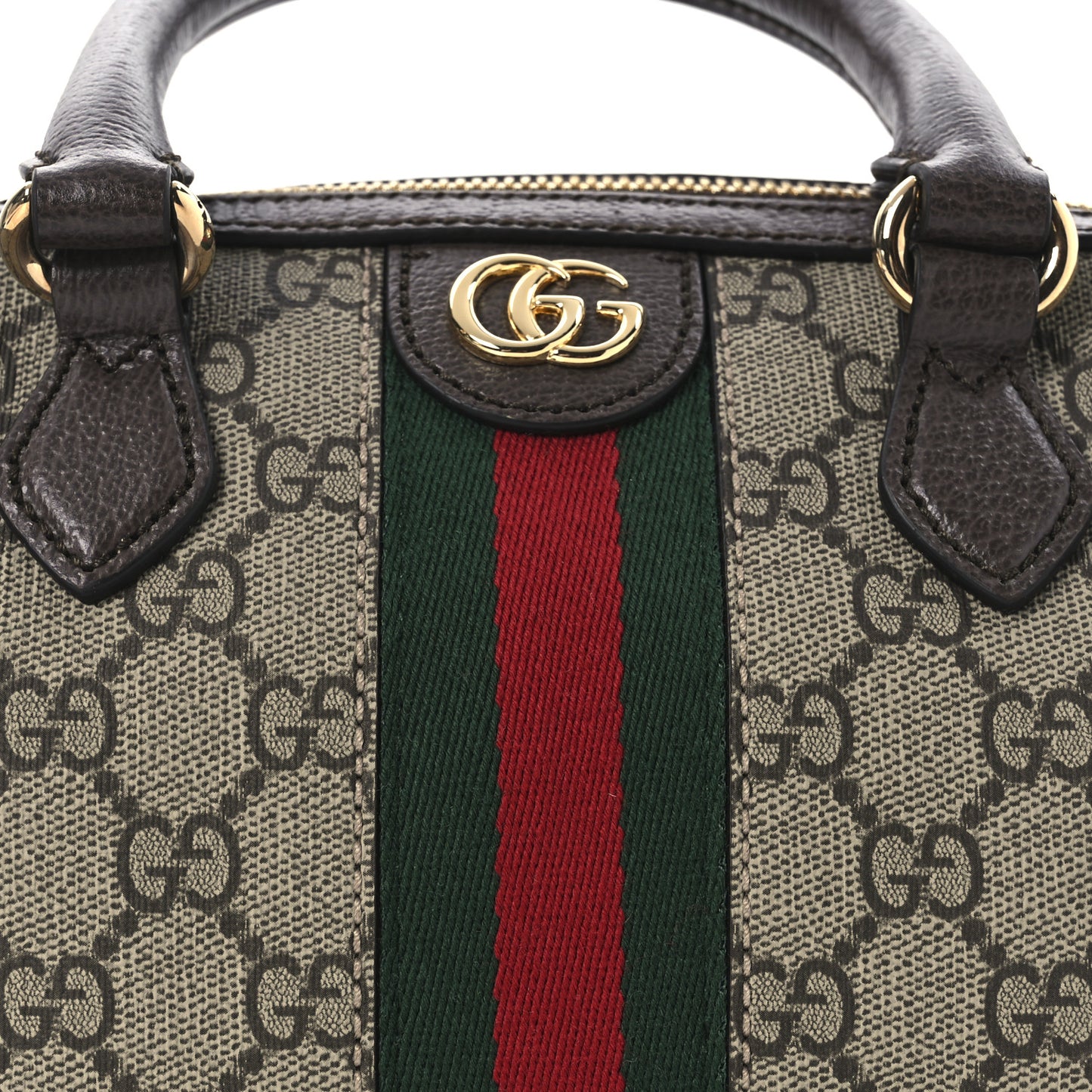 GG Supreme Monogram Textured Dollar Calfskin Web Mini Ophidia Top Handle Bag Beige Ebony New Acero