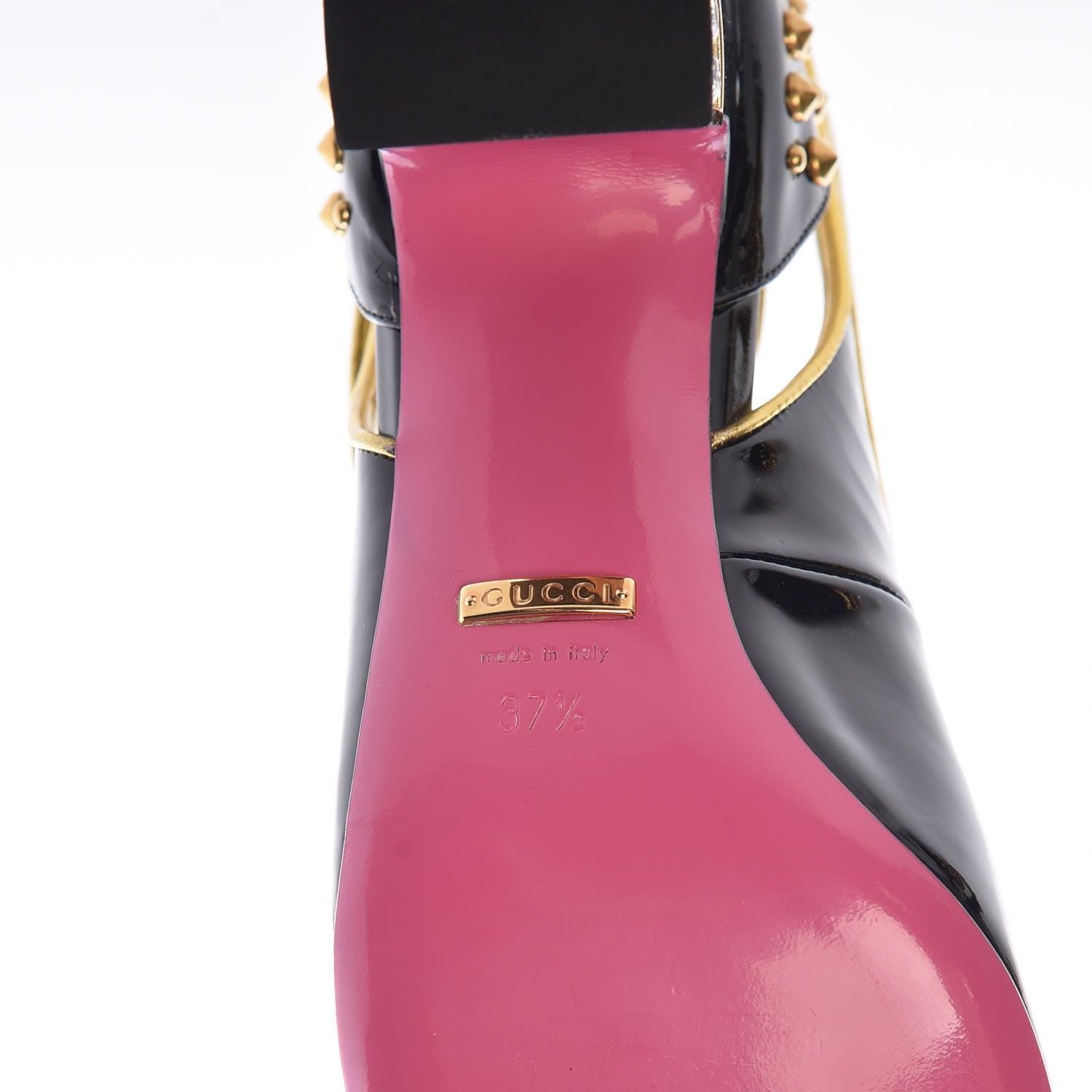 Gucci Patent Studded Crystal Block-Heel Pumps 37.5 Black Gold 6 of 9