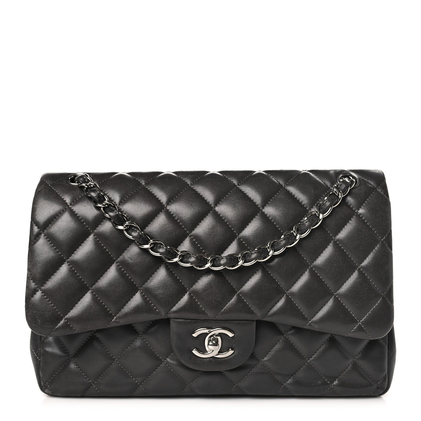 Lambskin Quilted Jumbo Double Flap Dark Grey