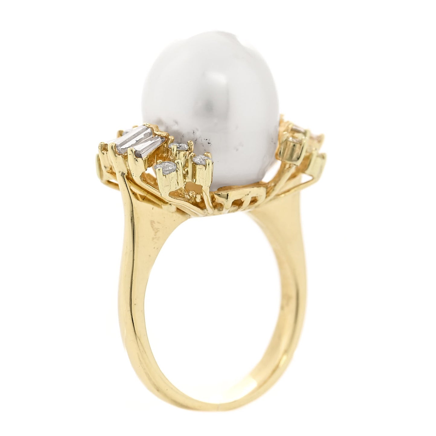 14K Yellow Gold Diamond Cultured Pearl Cocktail Ring 46 3.75