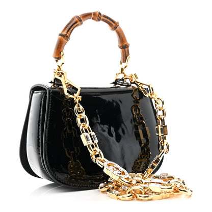 Gucci Patent Crystal Mini Bamboo 1947 Top Handle Chain Bag Black 3 of 10