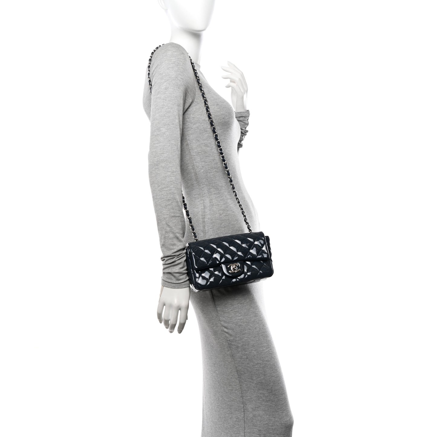 Patent Calfskin Quilted Mini Rectangular Flap Navy Blue