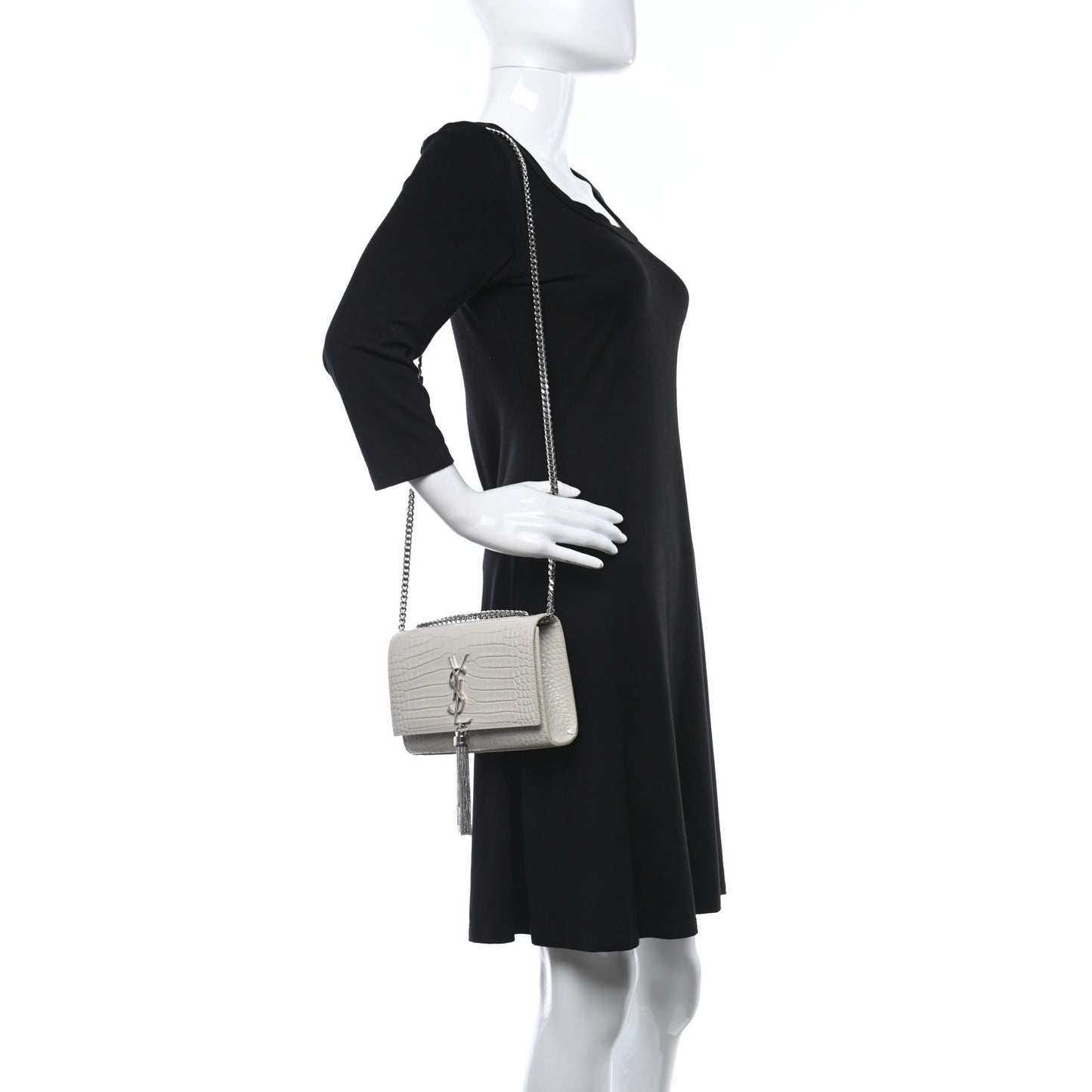 Calfskin Crocodile Embossed Small Classic Monogram Kate Tassel Satchel Crema Soft