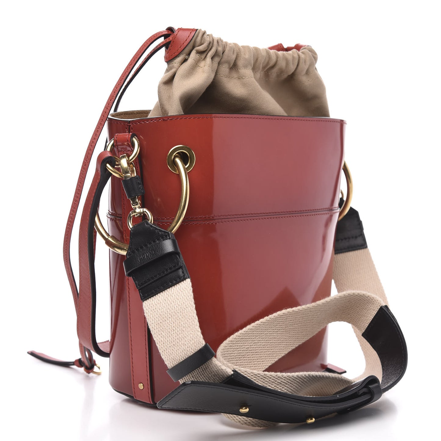 Patent Calfskin Small Roy Bucket Bag Earthy Red