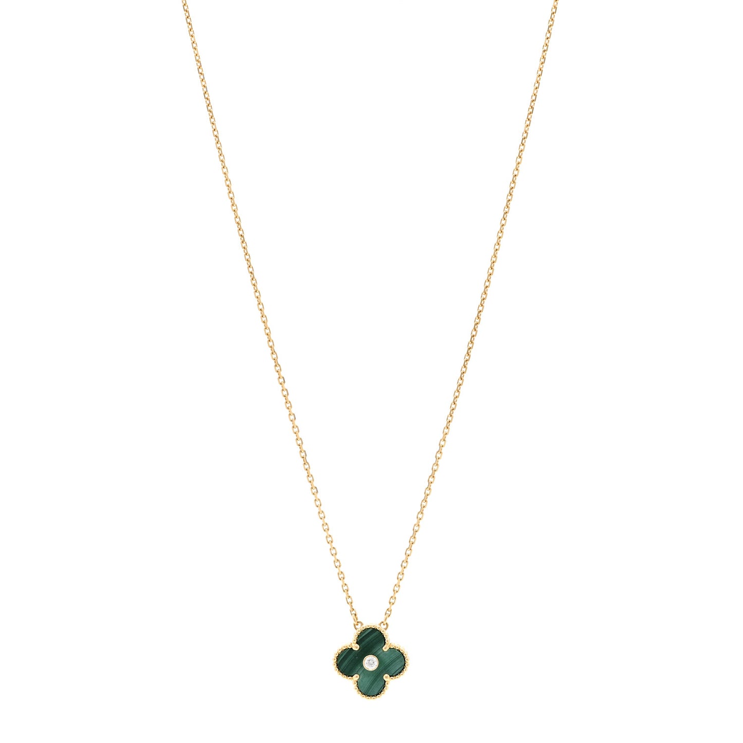 18K Yellow Gold Diamond Malachite Vintage Alhambra Pendant Necklace