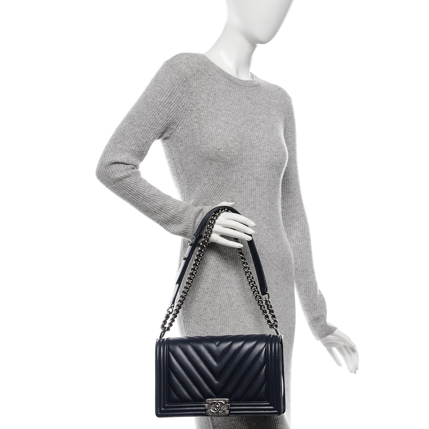 Lambskin Chevron Quilted New Medium Boy Flap Dark Navy Blue