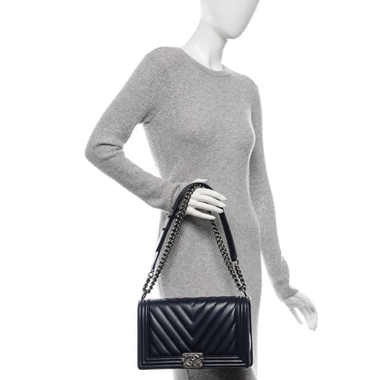 Chanel Lambskin Chevron Quilted New Medium Boy Flap Dark Navy Blue 2 of 7