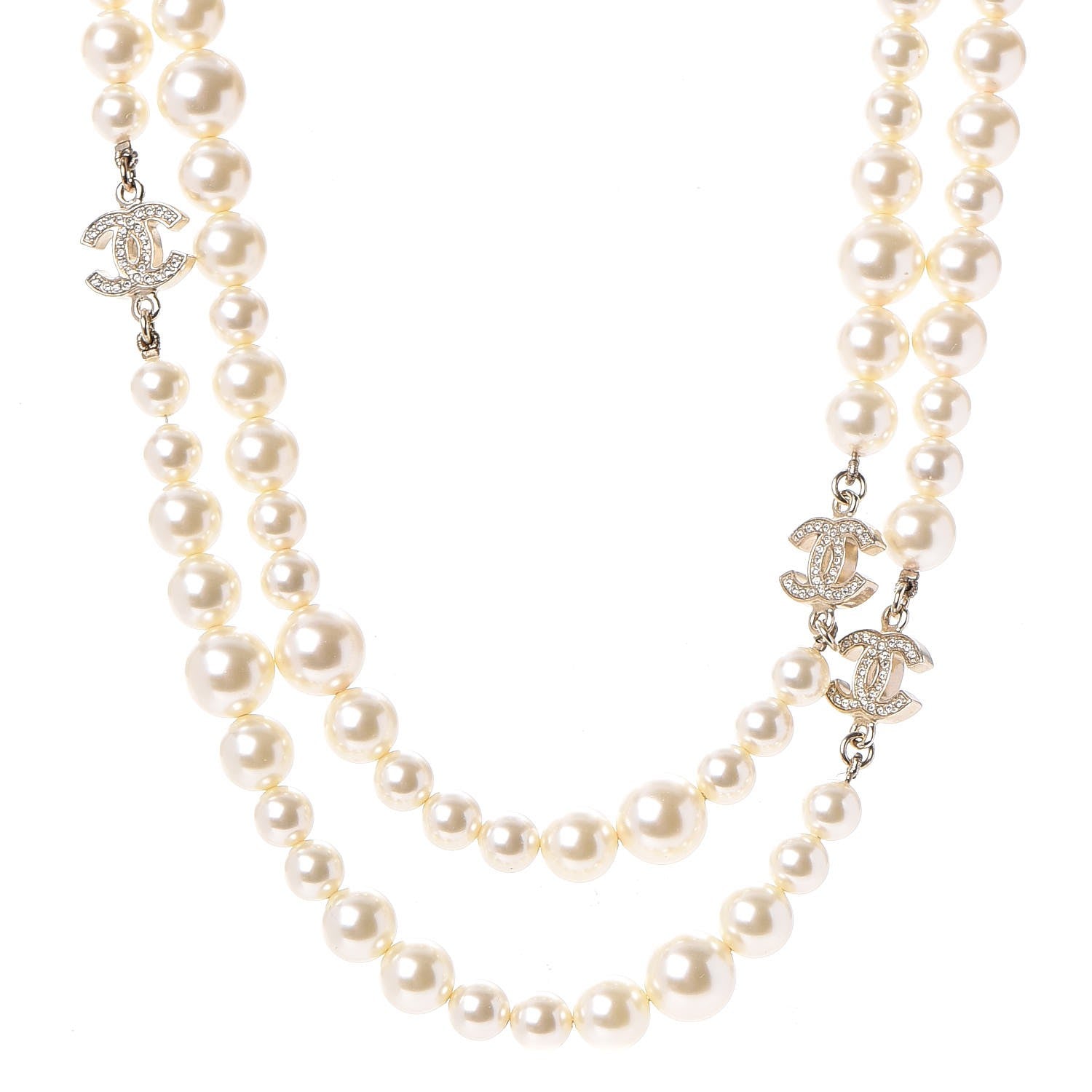 Chanel Graduated Pearl Crystal CC Long Necklace Light Gold 1 of 7