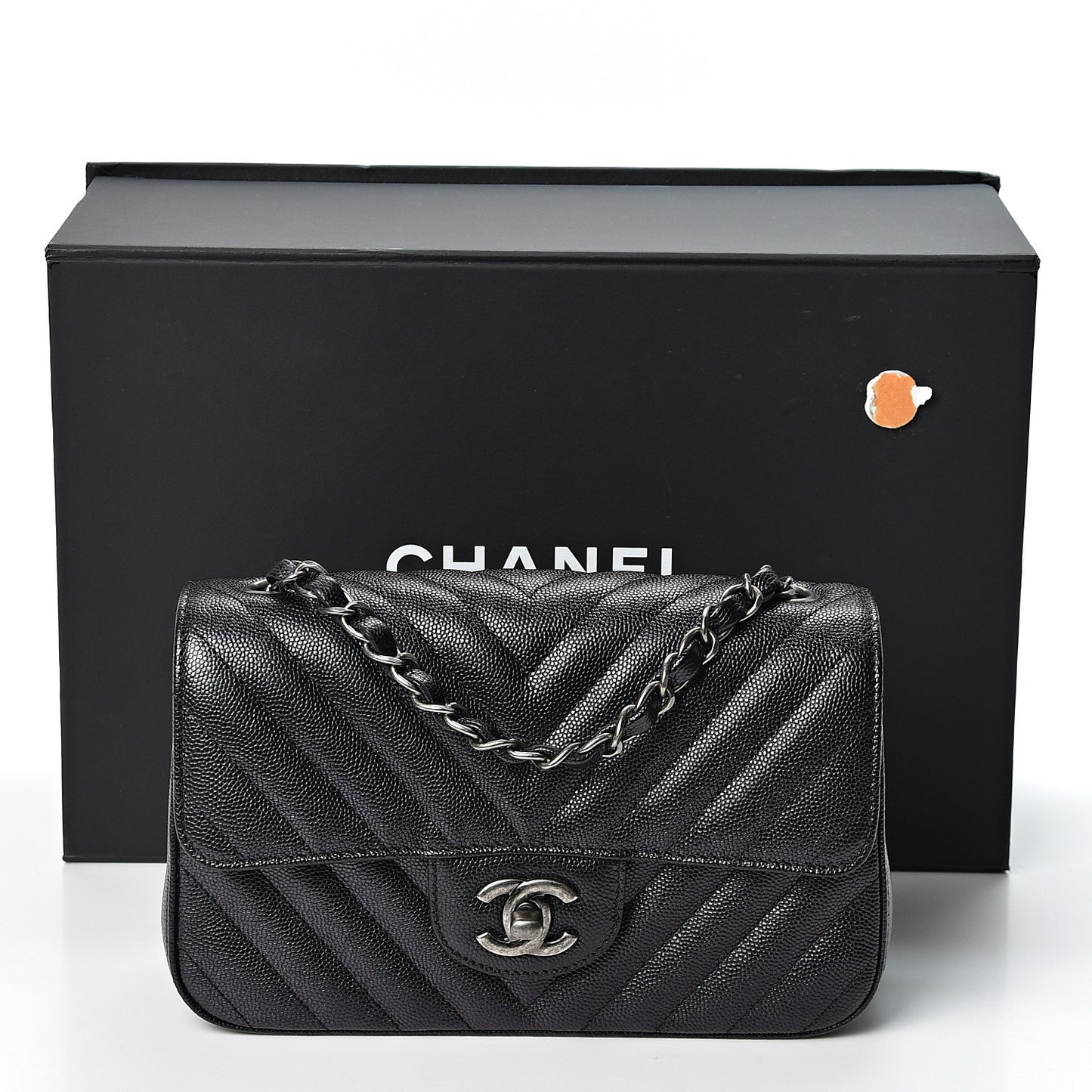 Iridescent Caviar Chevron Quilted Mini Rectangular Flap Black