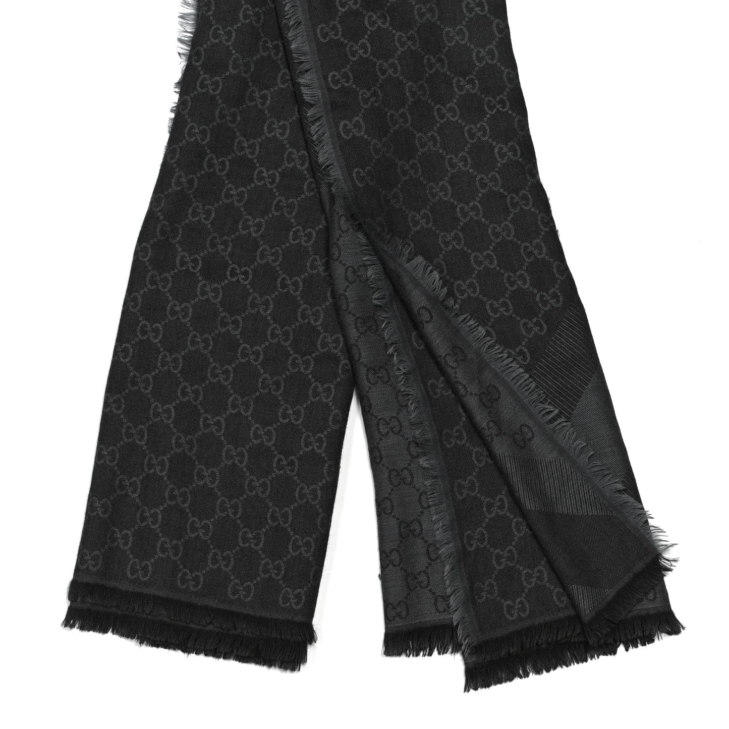Wool Silk Monogram GGWeb Fringe Shawl Black Medium Grey