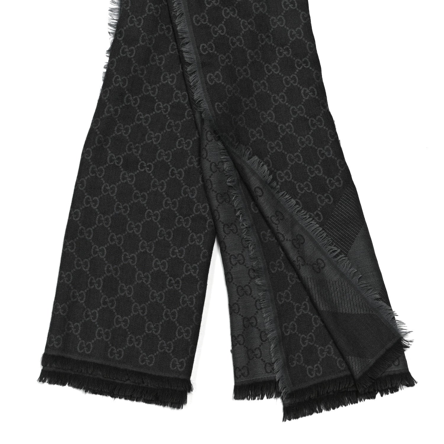 Gucci Wool Silk Monogram GGWeb Fringe Shawl Black Medium Grey 2 of 4