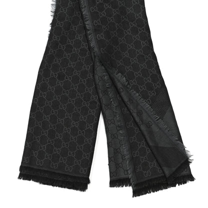 Gucci Wool Silk Monogram GGWeb Fringe Shawl Black Medium Grey 2 of 4