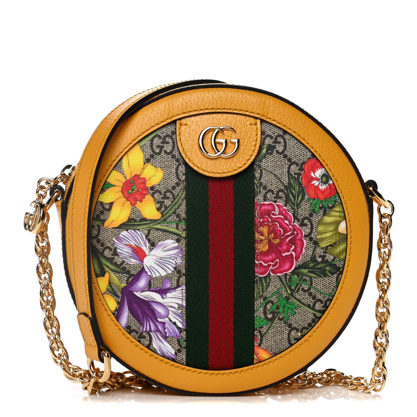 GG Supreme Monogram Flora Web Mini Ophidia Round Shoulder Bag Beige Multicolor Crop
