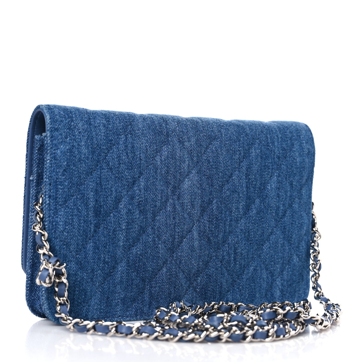 Denim Quilted Camellia Wallet On Chain WOC Blue
