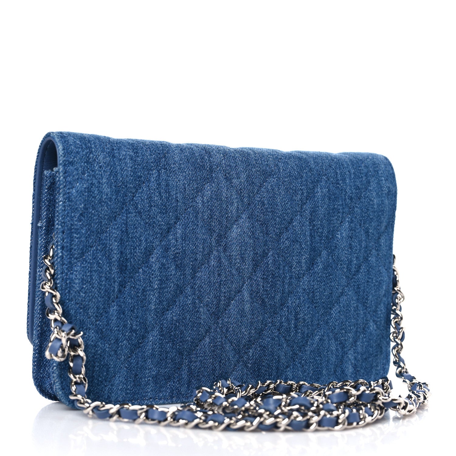 Chanel Denim Quilted Camellia Wallet On Chain WOC Blue 3 of 10