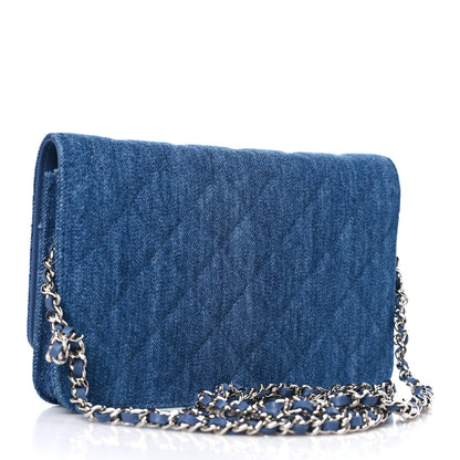 Chanel Denim Quilted Camellia Wallet On Chain WOC Blue 3 of 10