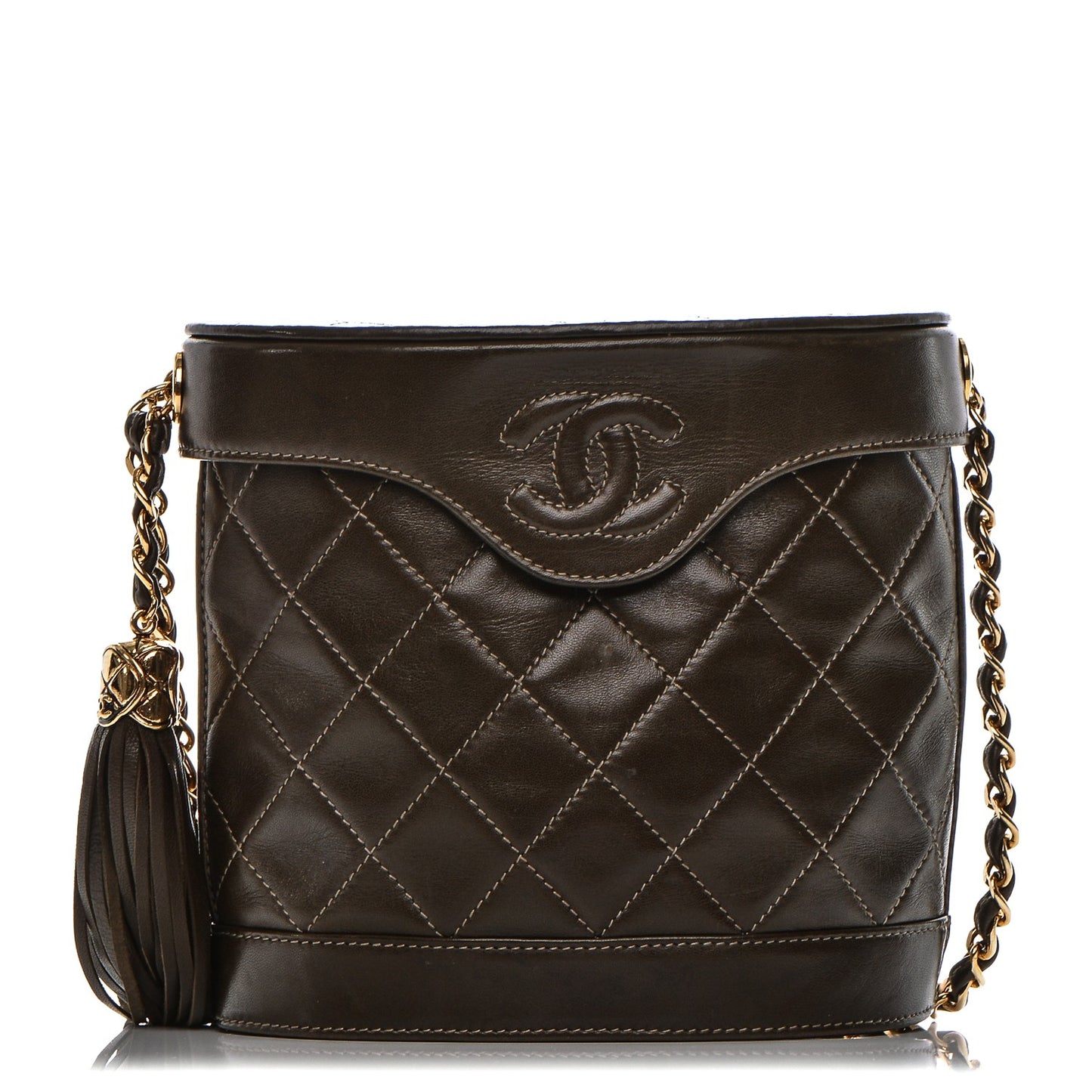 Lambskin Quilted Tassel Shoulder Bag Dark Brown