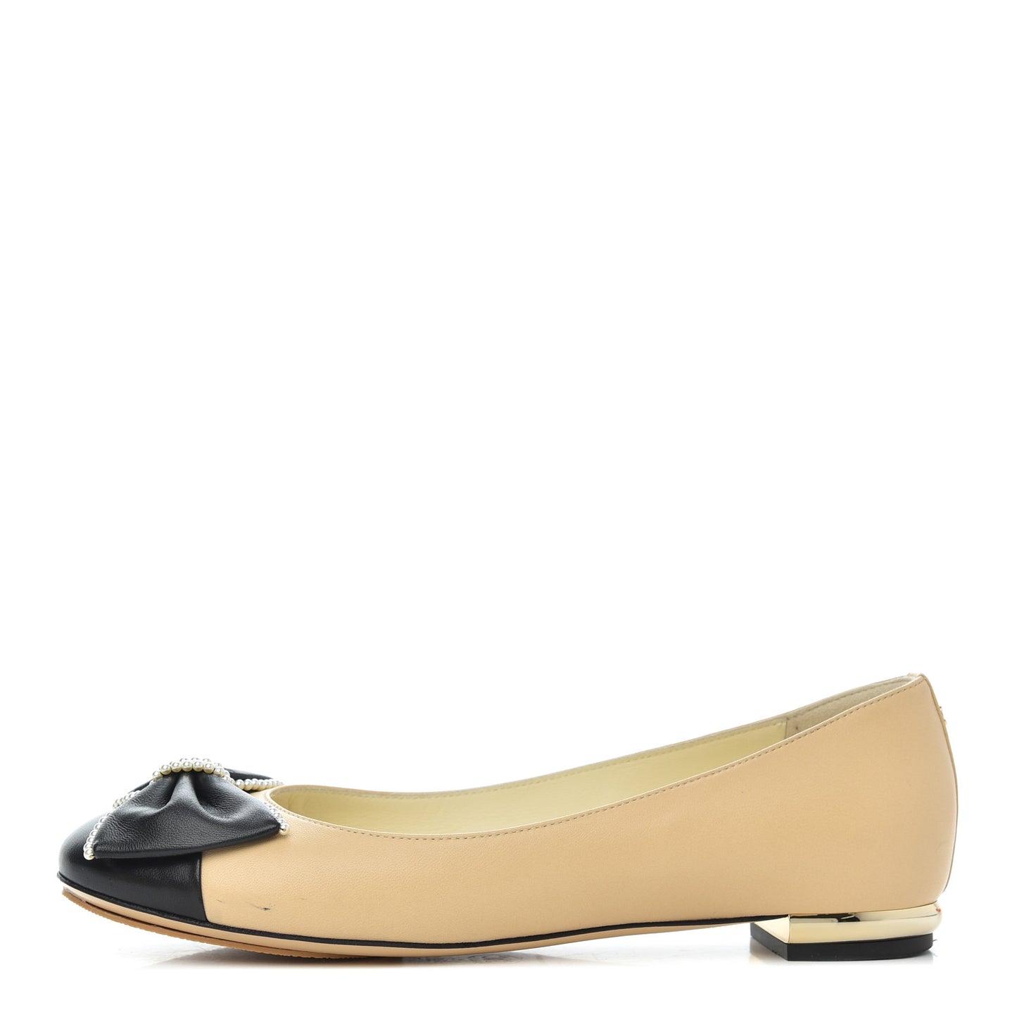 Lambskin Pearl Bow Ballerina Flats 37 Beige Black