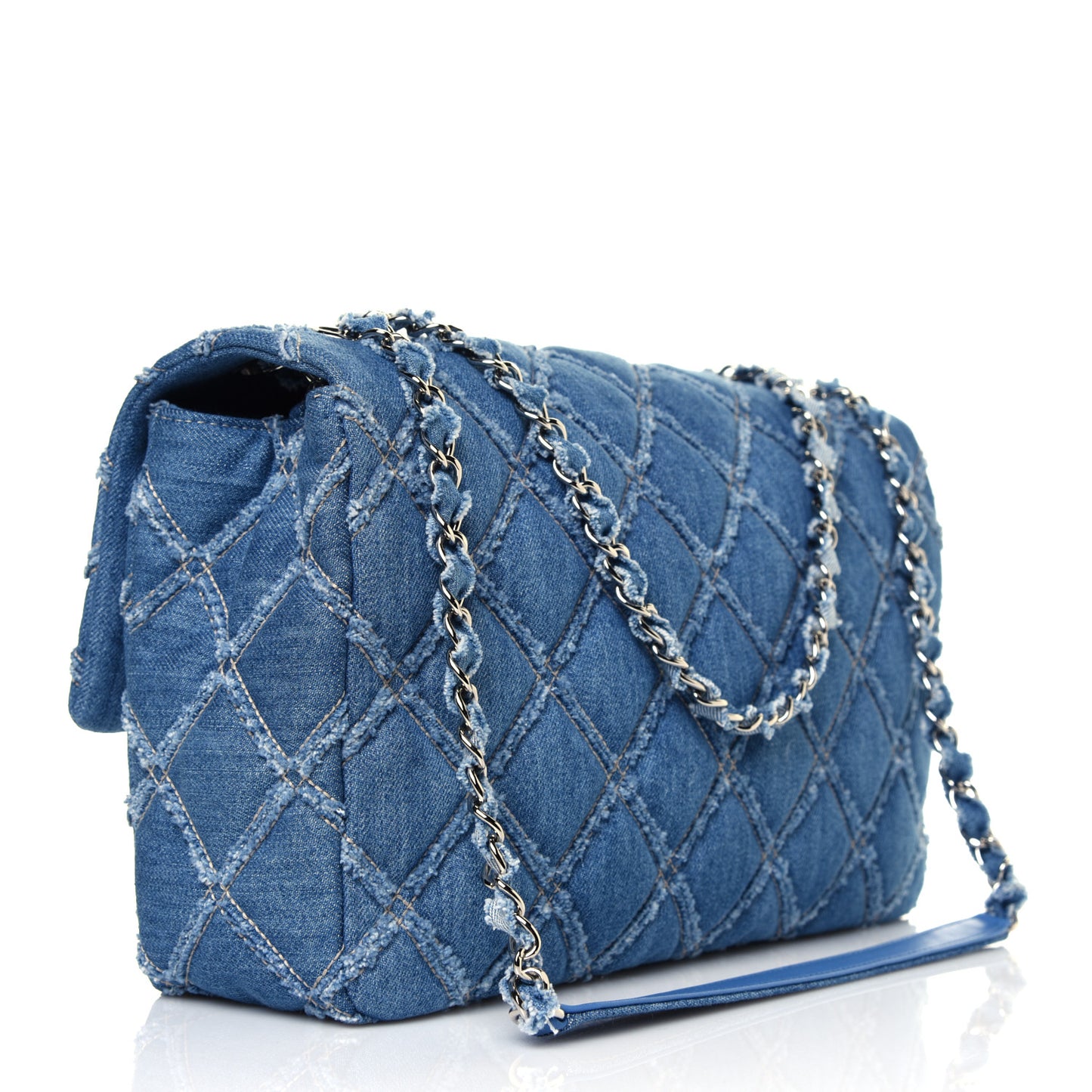 Frayed Denim Quilted Large Blue Chip Flap Blue
