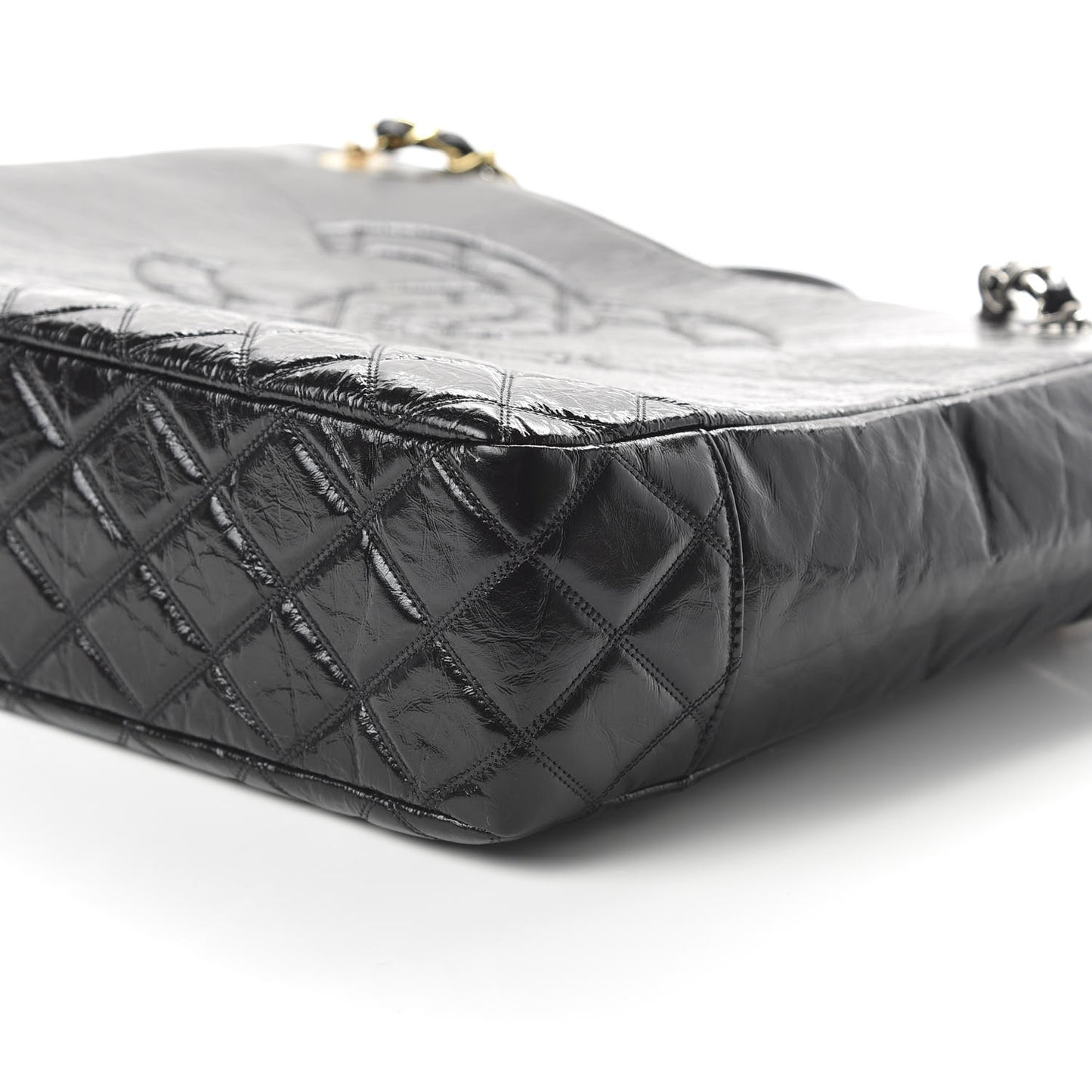Shiny Aged Calfskin Quilted Large Shopping Bag Black