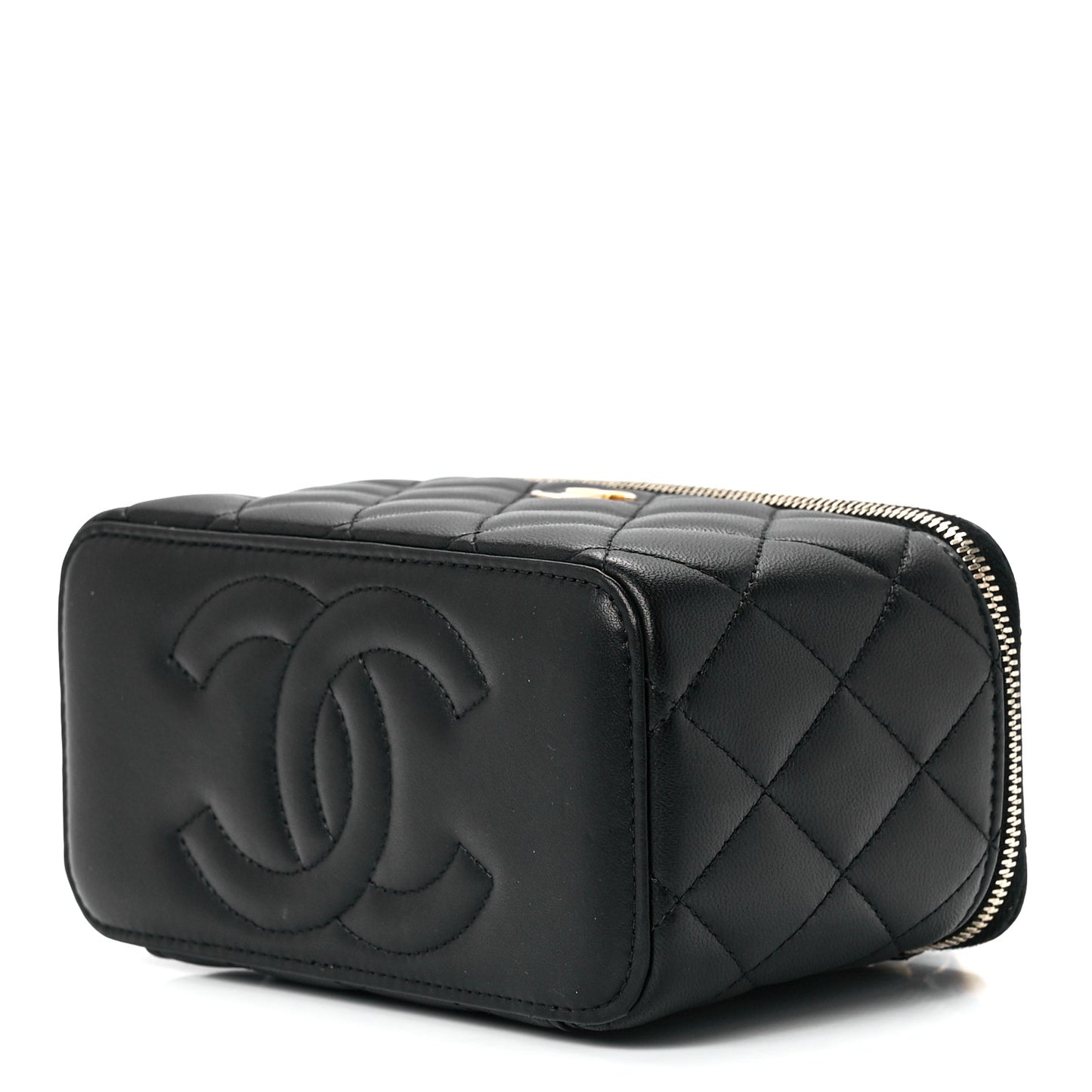 Lambskin Quilted Metal Small Top Handle Vanity Case With Chain Black