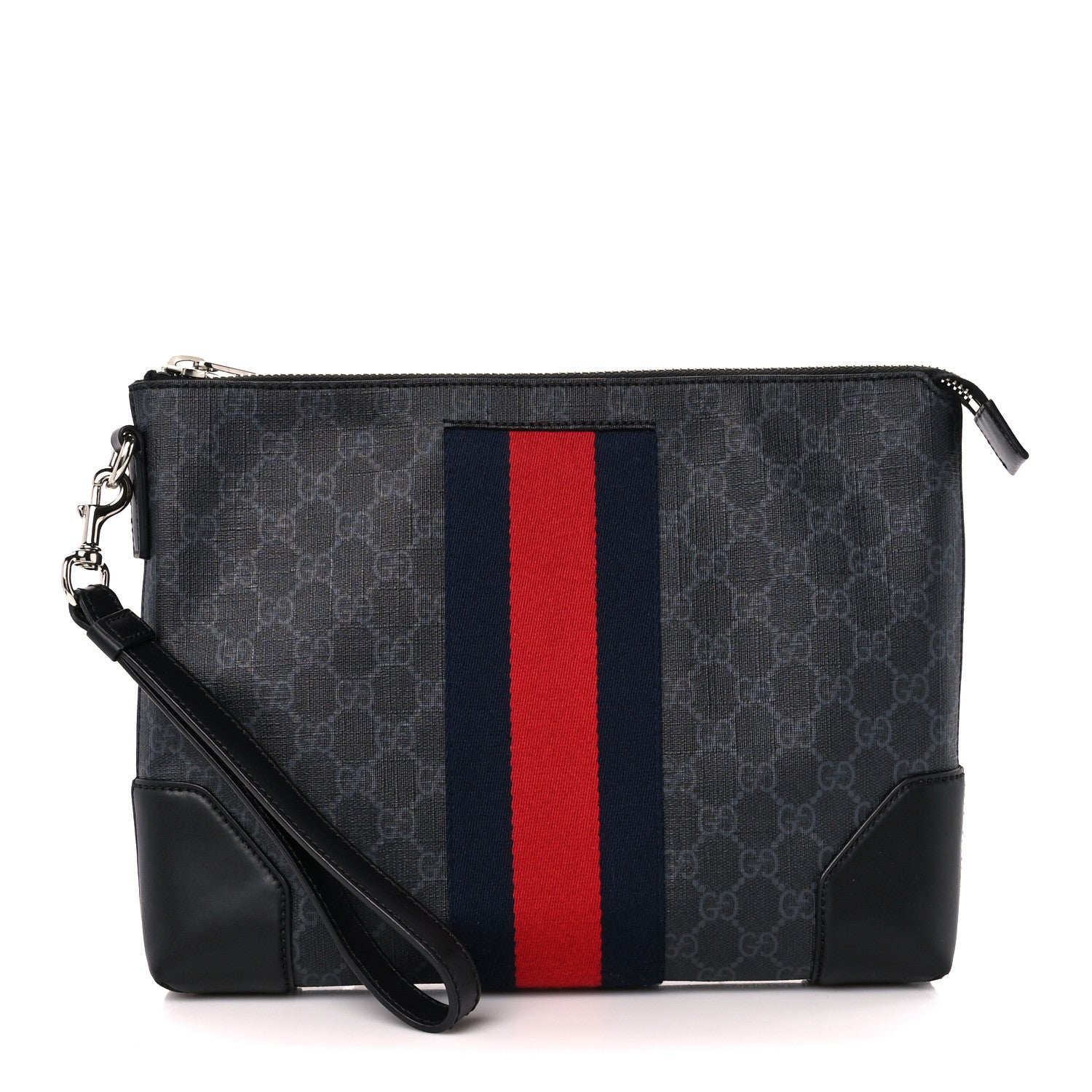 Gucci GG Supreme Monogram Calfskin Web Flat Wristlet Black Grey 1 of 12