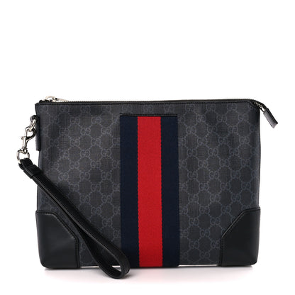 Gucci GG Supreme Monogram Calfskin Web Flat Wristlet Black Grey 1 of 12