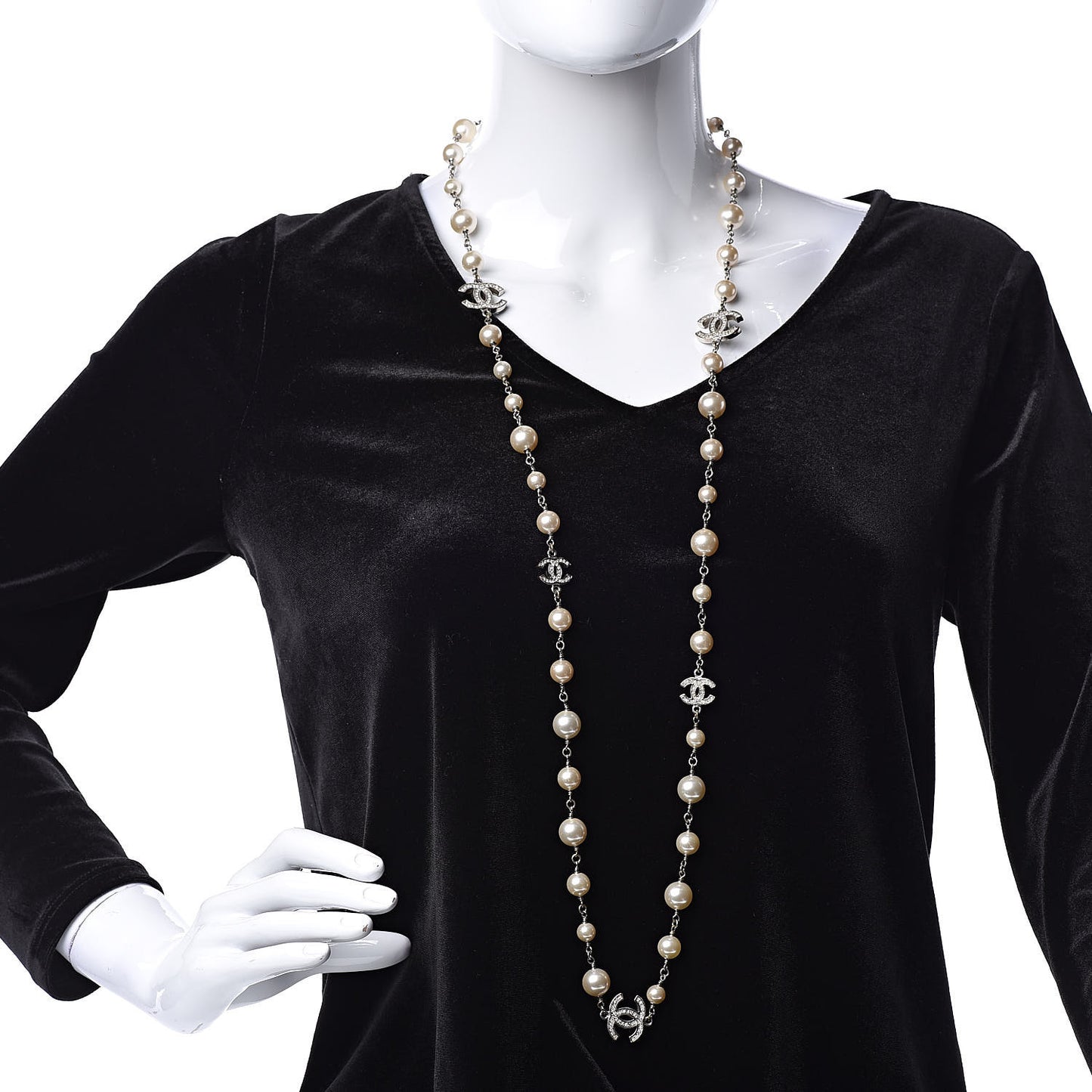 Graduated Pearl Crystal CC Long Necklace Silver