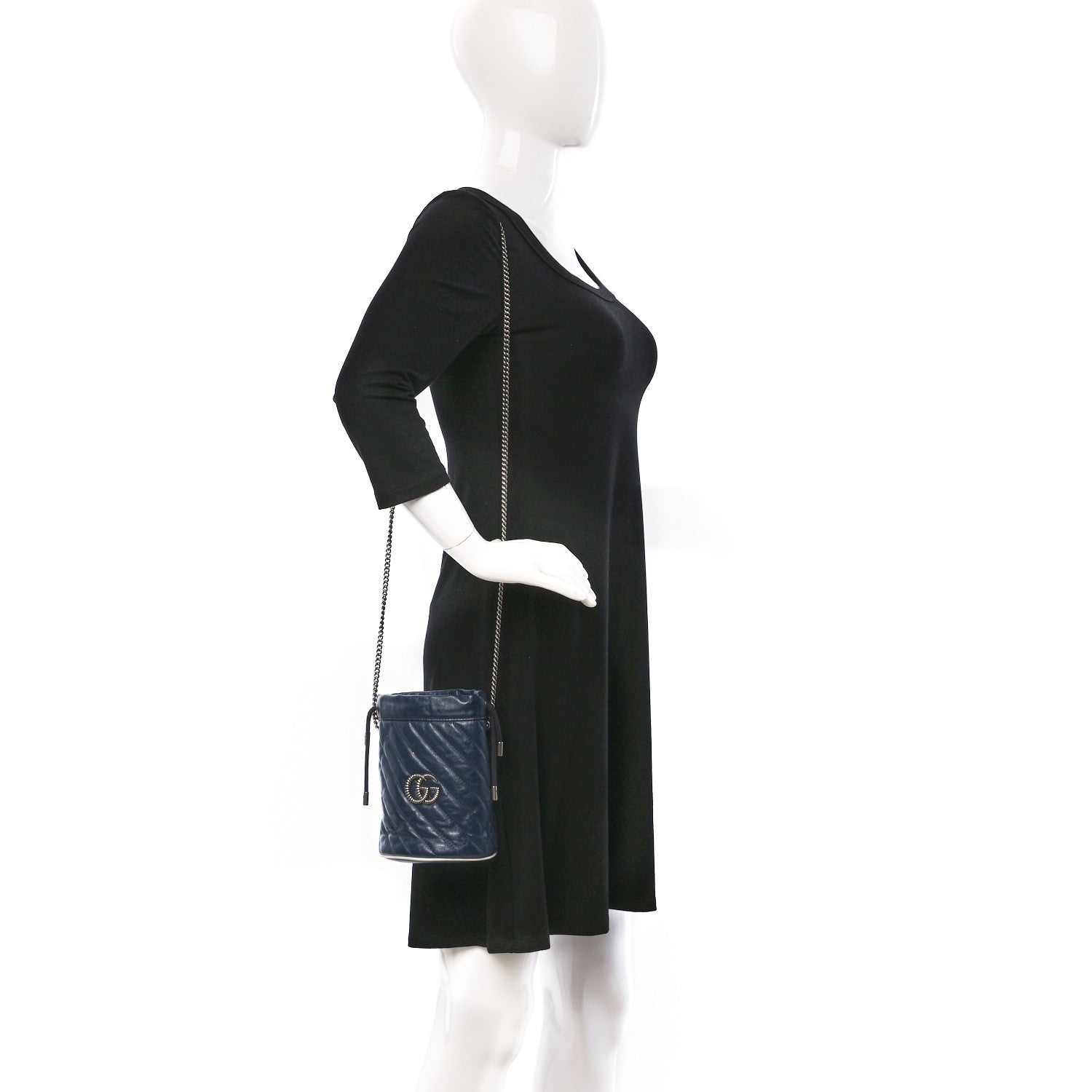 Gucci Vintage Effect Calfskin Matelasse Diagonal Mini Torchon GG Marmont 2.0 Bucket Bag Blue Agata Mystic White 3 of 10